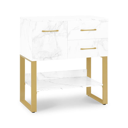 BarberPub Buffet avec 2 tiroirs, Meuble de salle de bain avec armoire et étagère ouverte, Commode à cadre métallique, Meuble d'appoint pour salon de coiffure, Armoire de rangement marbre blanc doré, 40x80x90,5cm, 6678