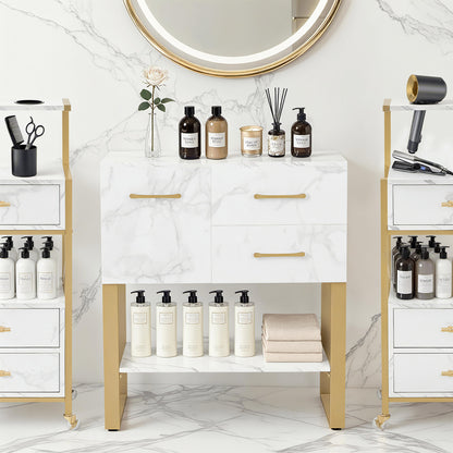 BarberPub Buffet avec 2 tiroirs, Meuble de salle de bain avec armoire et étagère ouverte, Commode à cadre métallique, Meuble d'appoint pour salon de coiffure, Armoire de rangement marbre blanc doré, 40x80x90,5cm, 6678