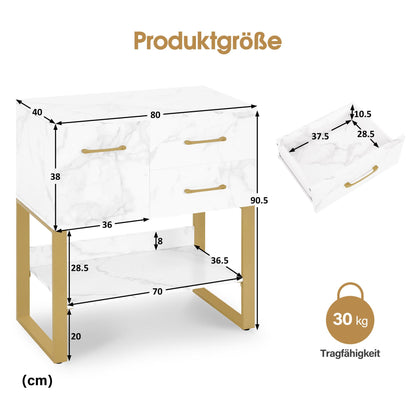 BarberPub Buffet avec 2 tiroirs, Meuble de salle de bain avec armoire et étagère ouverte, Commode à cadre métallique, Meuble d'appoint pour salon de coiffure, Armoire de rangement marbre blanc doré, 40x80x90,5cm, 6678