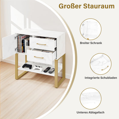 BarberPub Buffet avec 2 tiroirs, Meuble de salle de bain avec armoire et étagère ouverte, Commode à cadre métallique, Meuble d'appoint pour salon de coiffure, Armoire de rangement marbre blanc doré, 40x80x90,5cm, 6678