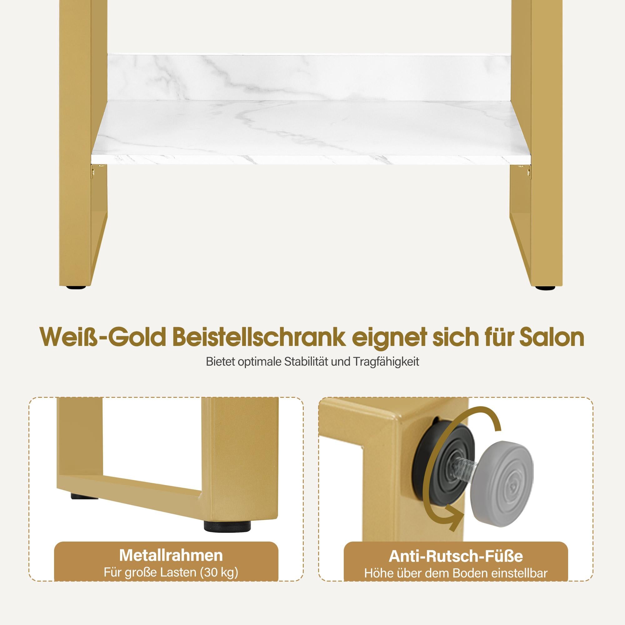 BarberPub Buffet avec 2 tiroirs, Meuble de salle de bain avec armoire et étagère ouverte, Commode à cadre métallique, Meuble d'appoint pour salon de coiffure, Armoire de rangement marbre blanc doré, 40x80x90,5cm, 6678
