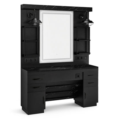 BarberPub Hairdressing Station with 4 Drawers, Vanity Table with Mirror, Styling Station with 4 Shelves & 2 Cabinets, Mirror Cabinet with Lighting, Mirror Table, Hair Salon Furniture, 3187