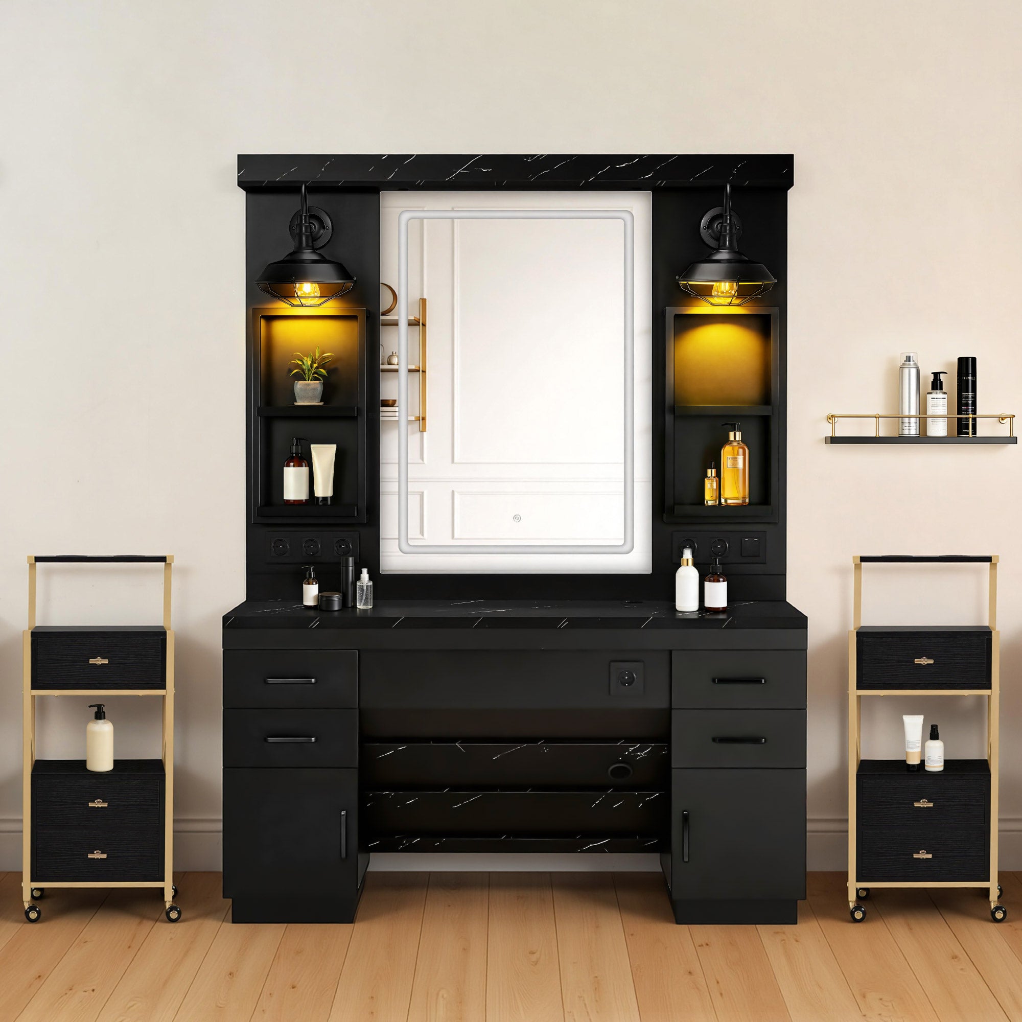 BarberPub Hairdressing Station with 4 Drawers, Vanity Table with Mirror, Styling Station with 4 Shelves & 2 Cabinets, Mirror Cabinet with Lighting, Mirror Table, Hair Salon Furniture, 3187