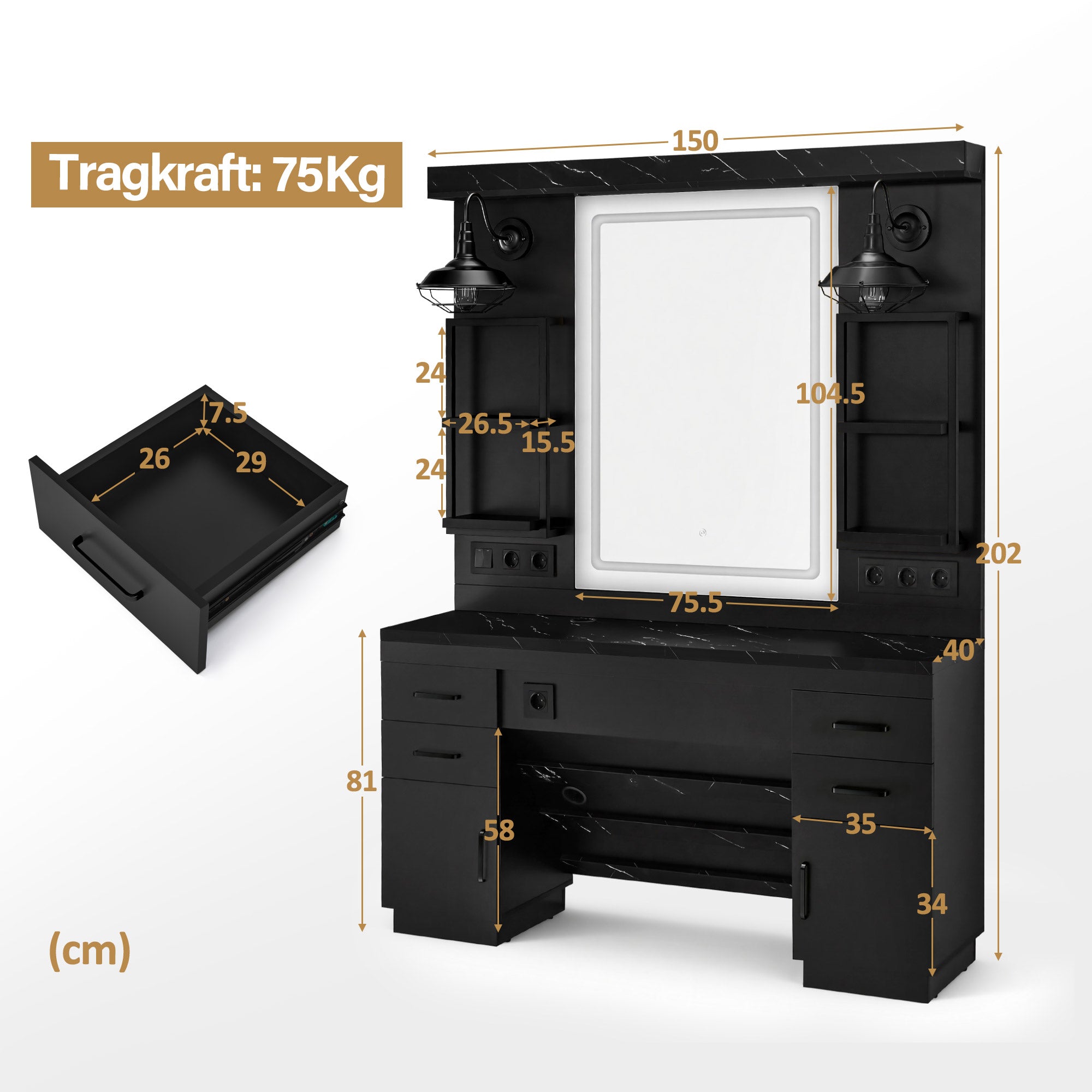 BarberPub Hairdressing Station with 4 Drawers, Vanity Table with Mirror, Styling Station with 4 Shelves & 2 Cabinets, Mirror Cabinet with Lighting, Mirror Table, Hair Salon Furniture, 3187