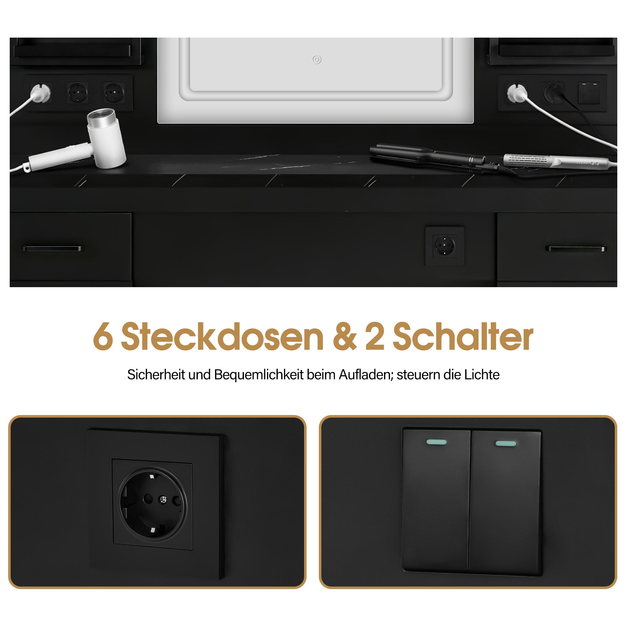 BarberPub Hairdressing Station with 4 Drawers, Vanity Table with Mirror, Styling Station with 4 Shelves & 2 Cabinets, Mirror Cabinet with Lighting, Mirror Table, Hair Salon Furniture, 3187