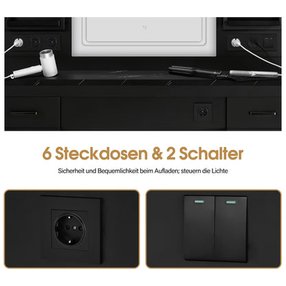 BarberPub Hairdressing Station with 4 Drawers, Vanity Table with Mirror, Styling Station with 4 Shelves & 2 Cabinets, Mirror Cabinet with Lighting, Mirror Table, Hair Salon Furniture, 3187