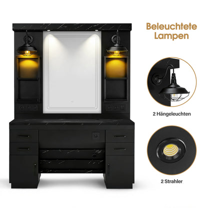 BarberPub Hairdressing Station with 4 Drawers, Vanity Table with Mirror, Styling Station with 4 Shelves & 2 Cabinets, Mirror Cabinet with Lighting, Mirror Table, Hair Salon Furniture, 3187