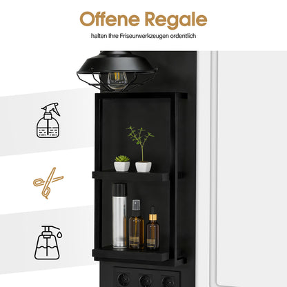 BarberPub Hairdressing Station with 4 Drawers, Vanity Table with Mirror, Styling Station with 4 Shelves & 2 Cabinets, Mirror Cabinet with Lighting, Mirror Table, Hair Salon Furniture, 3187