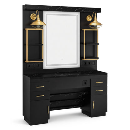 BarberPub Hairdressing Station with 4 Drawers, Vanity Table with Mirror, Styling Station with 4 Shelves & 2 Cabinets, Mirror Cabinet with Lighting, Mirror Table, Hair Salon Furniture, 3187
