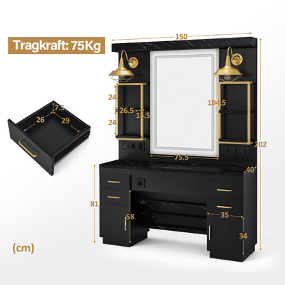 BarberPub Hairdressing Station with 4 Drawers, Vanity Table with Mirror, Styling Station with 4 Shelves & 2 Cabinets, Mirror Cabinet with Lighting, Mirror Table, Hair Salon Furniture, 3187