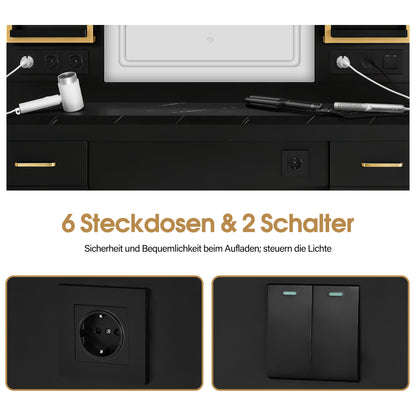 BarberPub Hairdressing Station with 4 Drawers, Vanity Table with Mirror, Styling Station with 4 Shelves & 2 Cabinets, Mirror Cabinet with Lighting, Mirror Table, Hair Salon Furniture, 3187