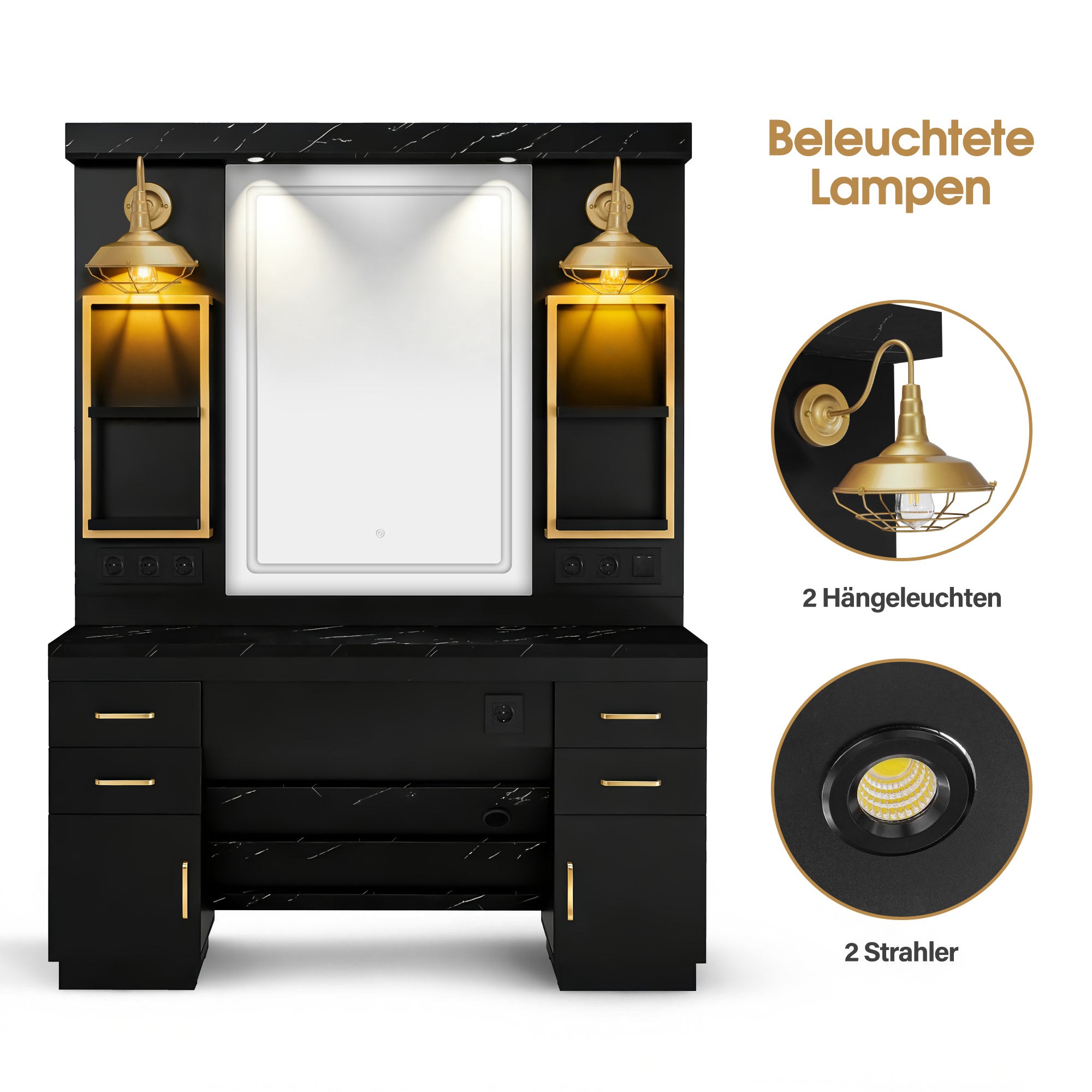 BarberPub Hairdressing Station with 4 Drawers, Vanity Table with Mirror, Styling Station with 4 Shelves & 2 Cabinets, Mirror Cabinet with Lighting, Mirror Table, Hair Salon Furniture, 3187