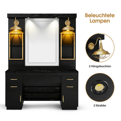 BarberPub Hairdressing Station with 4 Drawers, Vanity Table with Mirror, Styling Station with 4 Shelves & 2 Cabinets, Mirror Cabinet with Lighting, Mirror Table, Hair Salon Furniture, 3187