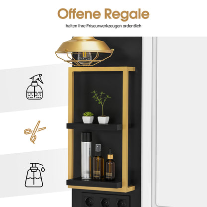 BarberPub Hairdressing Station with 4 Drawers, Vanity Table with Mirror, Styling Station with 4 Shelves & 2 Cabinets, Mirror Cabinet with Lighting, Mirror Table, Hair Salon Furniture, 3187