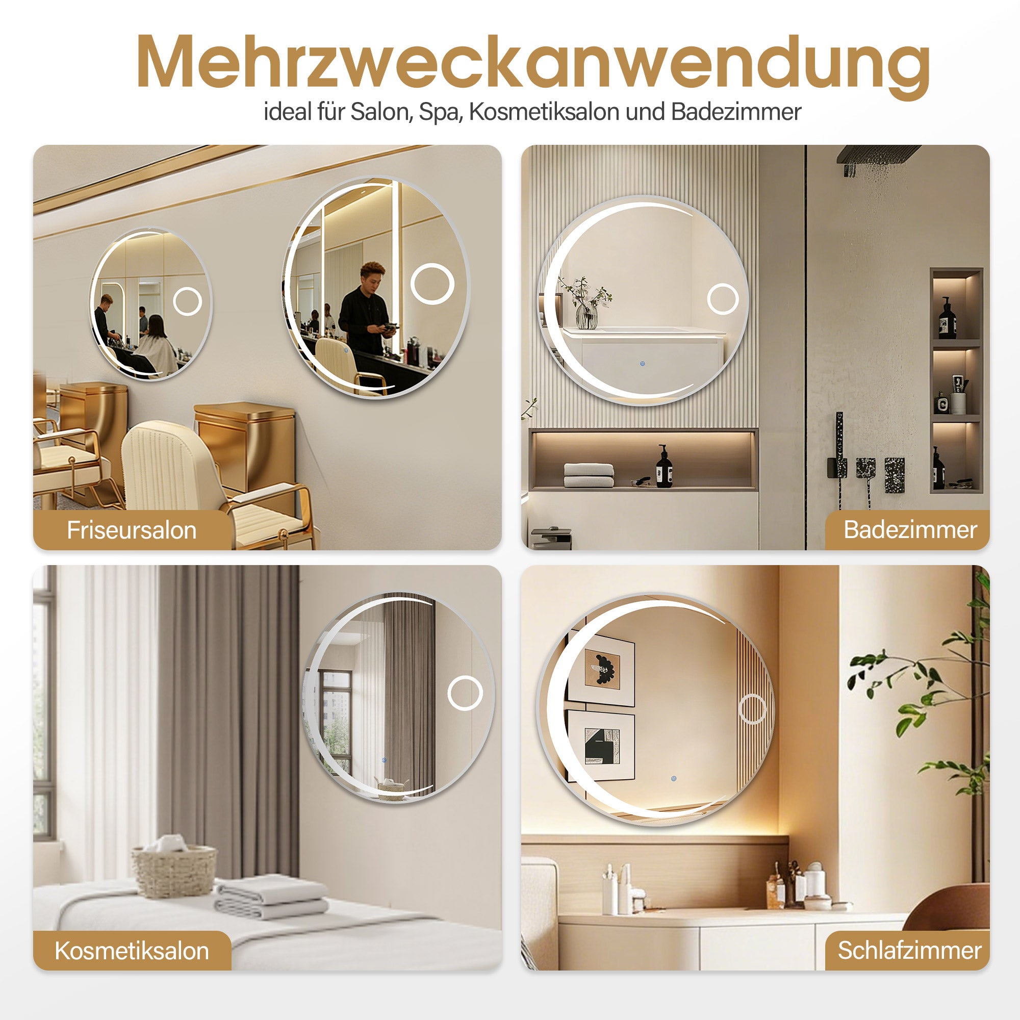 BarberPub LED Wall Mirror, Aluminum Frame Bathroom Mirror, Round Mirror with Touch Switch, 3 Dimmable Light Colors, Bathroom Mirror for Barbershop, Spa, 83x83cm, J6228 (Silver)
