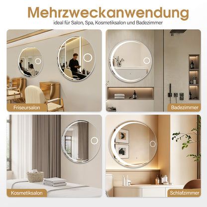 BarberPub LED Wall Mirror, Aluminum Frame Bathroom Mirror, Round Mirror with Touch Switch, 3 Dimmable Light Colors, Bathroom Mirror for Barbershop, Spa, 83x83cm, J6228 (Silver)
