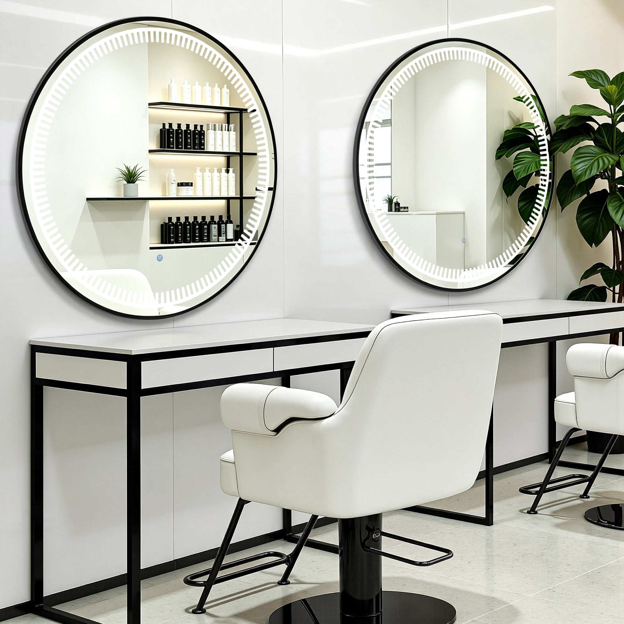 BarberPub Wandspiegel mit Beleuchtung, Badspiegel mit Aluminiumrahmen, Runder Spiegel mit Touch-Schalter, 3 Lichtfarben Dimmbar, Badezimmerspiegel für Friseursalon, Spa, 83x83cm, J6236