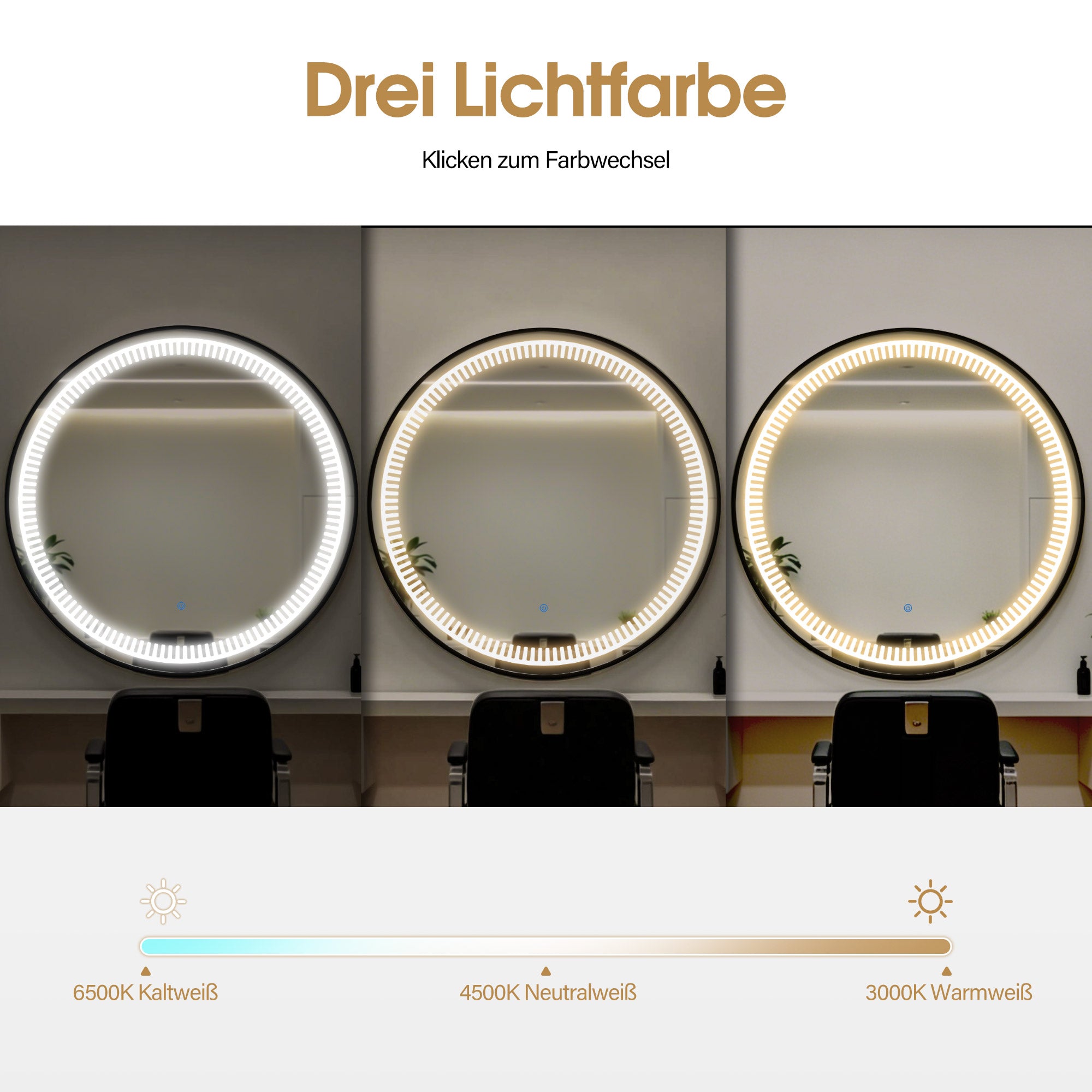 BarberPub Wandspiegel mit Beleuchtung, Badspiegel mit Aluminiumrahmen, Runder Spiegel mit Touch-Schalter, 3 Lichtfarben Dimmbar, Badezimmerspiegel für Friseursalon, Spa, 83x83cm, J6236
