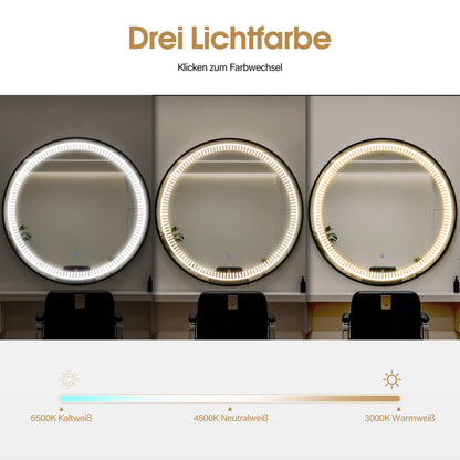 BarberPub Lighted Wall Mirror, Bathroom Mirror with Aluminum Frame, Round Mirror with Touch Switch, 3 Dimmable Light Colors, Bathroom Mirror for Barbershop, Spa, 83x83cm, J6236