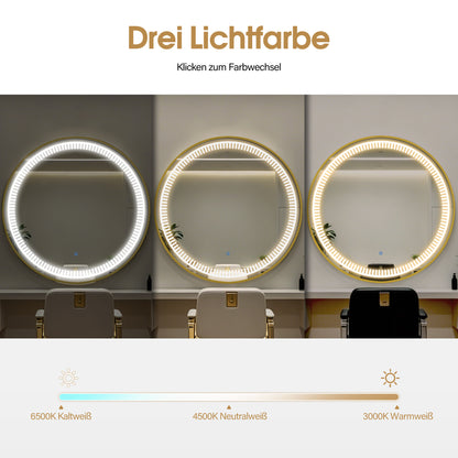 BarberPub Lighted Wall Mirror, Bathroom Mirror with Aluminum Frame, Round Mirror with Touch Switch, 3 Dimmable Light Colors, Bathroom Mirror for Barbershop, Spa, 83x83cm, J6236