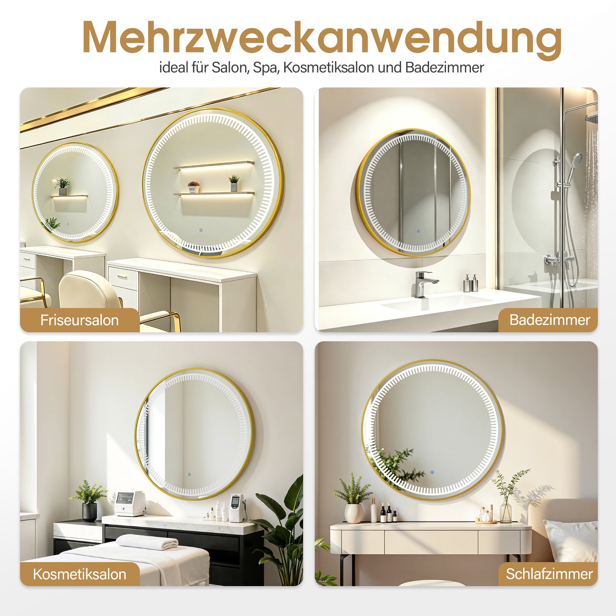 BarberPub Lighted Wall Mirror, Bathroom Mirror with Aluminum Frame, Round Mirror with Touch Switch, 3 Dimmable Light Colors, Bathroom Mirror for Barbershop, Spa, 83x83cm, J6236