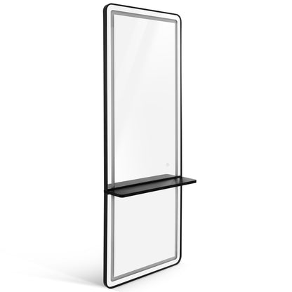 BarberPub Wandspiegel mit Beleuchtung, Ganzkörperspiegel mit Aluminiumrahmen, Großer Spiegel mit Ablage, Touch-Schalter, 3 Lichtfarben Dimmbar, für Friseursalon, 17x65x177 cm, J6271