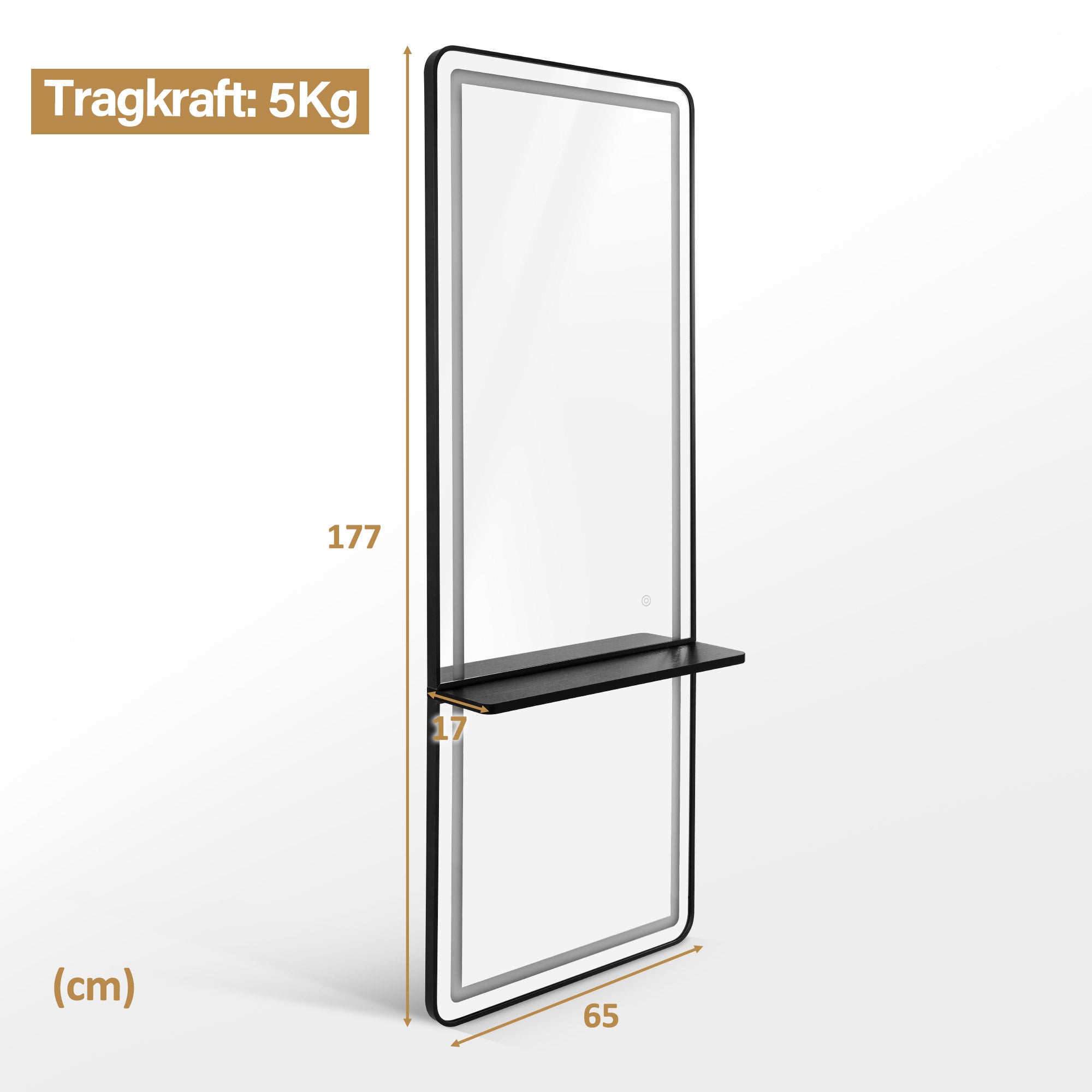 BarberPub Wandspiegel mit Beleuchtung, Ganzkörperspiegel mit Aluminiumrahmen, Großer Spiegel mit Ablage, Touch-Schalter, 3 Lichtfarben Dimmbar, für Friseursalon, 17x65x177 cm, J6271