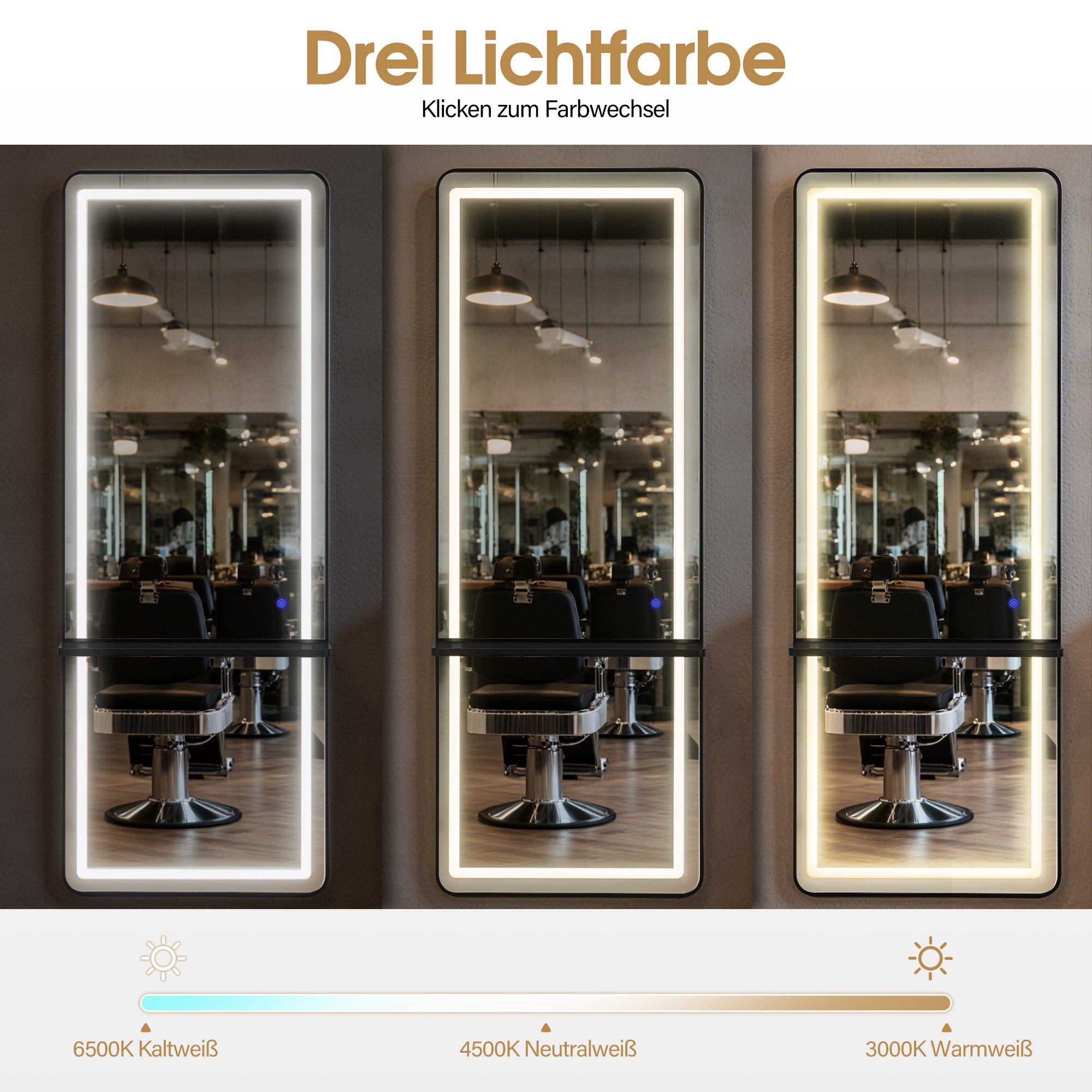 BarberPub Wandspiegel mit Beleuchtung, Ganzkörperspiegel mit Aluminiumrahmen, Großer Spiegel mit Ablage, Touch-Schalter, 3 Lichtfarben Dimmbar, für Friseursalon, 17x65x177 cm, J6271