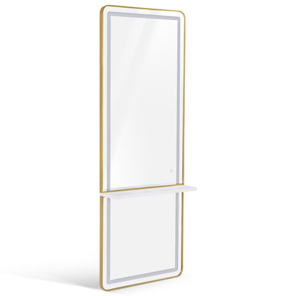 BarberPub Wandspiegel mit Beleuchtung, Ganzkörperspiegel mit Aluminiumrahmen, Großer Spiegel mit Ablage, Touch-Schalter, 3 Lichtfarben Dimmbar, für Friseursalon, 17x65x177 cm, J6271