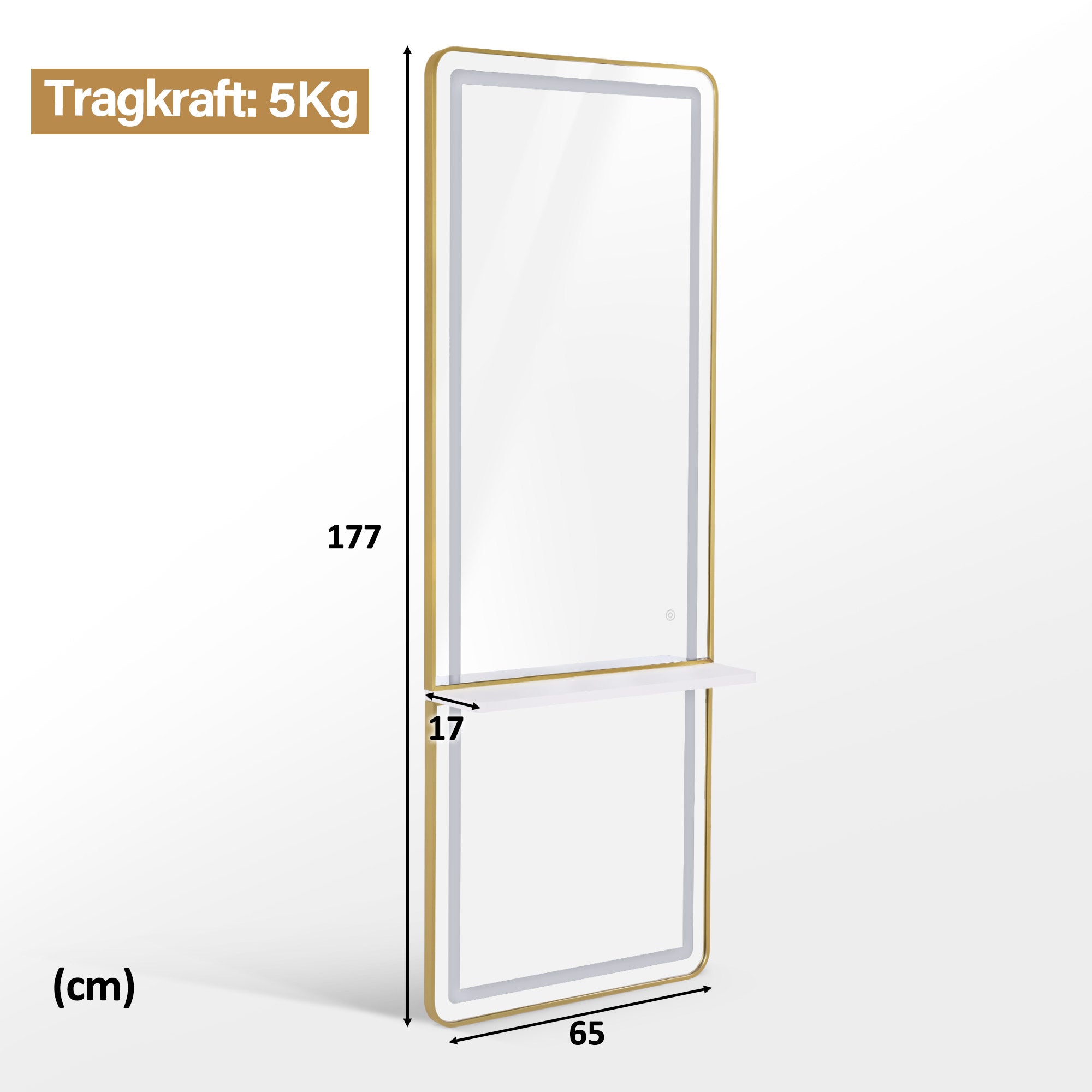 BarberPub Wandspiegel mit Beleuchtung, Ganzkörperspiegel mit Aluminiumrahmen, Großer Spiegel mit Ablage, Touch-Schalter, 3 Lichtfarben Dimmbar, für Friseursalon, 17x65x177 cm, J6271