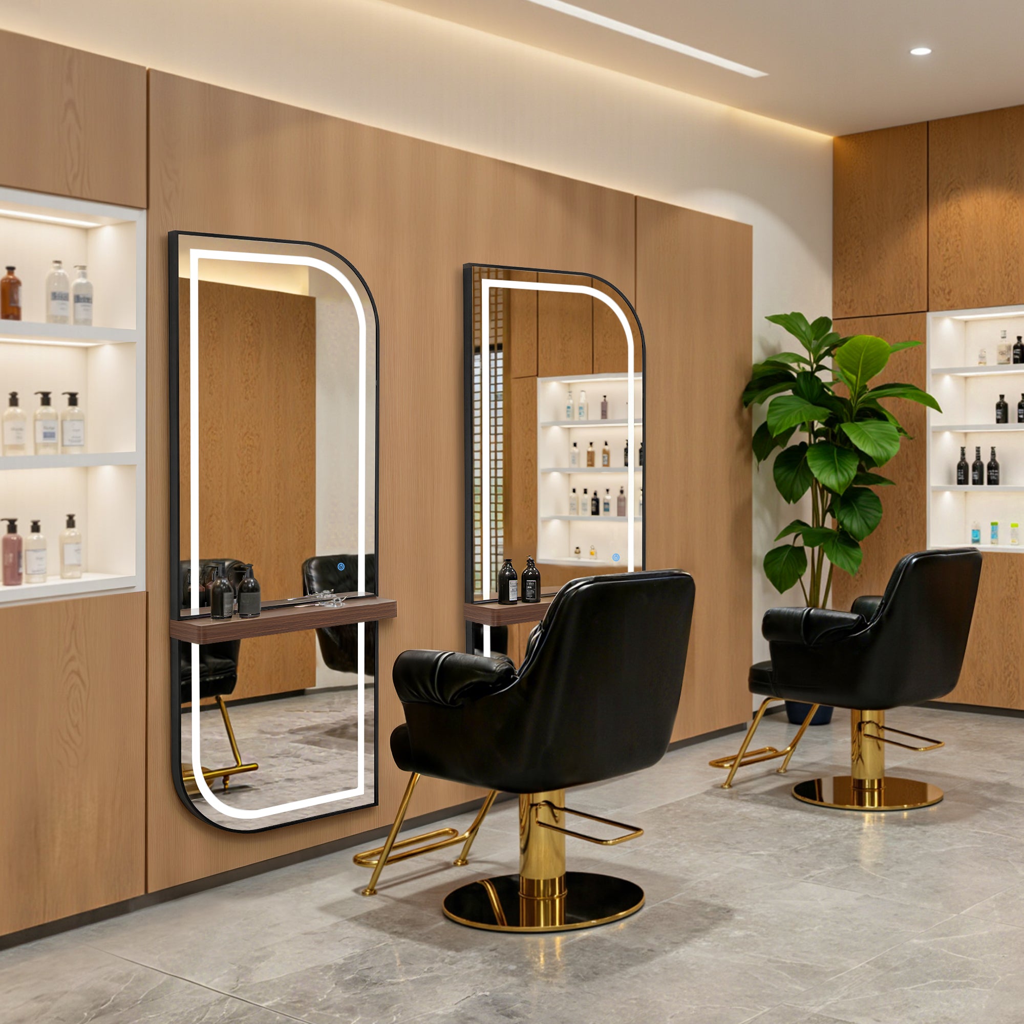 BarberPub Wandspiegel mit Beleuchtung, Ganzkörperspiegel mit Aluminiumrahmen, Großer Spiegel mit Ablage, Touch-Schalter, 3 Lichtfarben Dimmbar, für Friseursalon, J6298