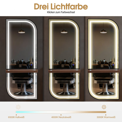 BarberPub Wandspiegel mit Beleuchtung, Ganzkörperspiegel mit Aluminiumrahmen, Großer Spiegel mit Ablage, Touch-Schalter, 3 Lichtfarben Dimmbar, für Friseursalon, J6298