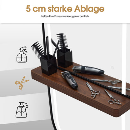 BarberPub Wandspiegel mit Beleuchtung, Ganzkörperspiegel mit Aluminiumrahmen, Großer Spiegel mit Ablage, Touch-Schalter, 3 Lichtfarben Dimmbar, für Friseursalon, J6298