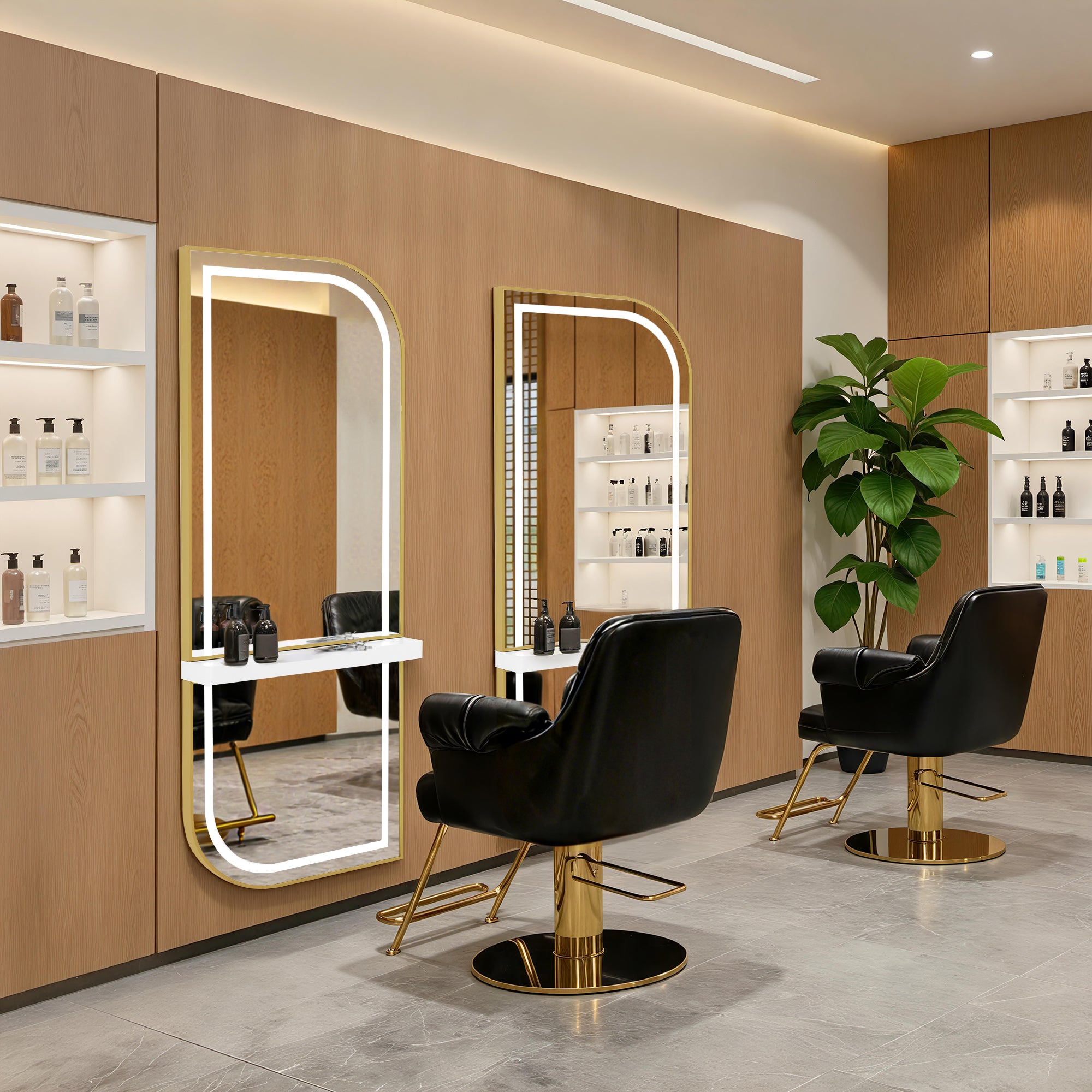 BarberPub Wandspiegel mit Beleuchtung, Ganzkörperspiegel mit Aluminiumrahmen, Großer Spiegel mit Ablage, Touch-Schalter, 3 Lichtfarben Dimmbar, für Friseursalon, J6298