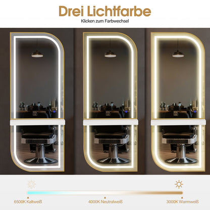BarberPub Wandspiegel mit Beleuchtung, Ganzkörperspiegel mit Aluminiumrahmen, Großer Spiegel mit Ablage, Touch-Schalter, 3 Lichtfarben Dimmbar, für Friseursalon, J6298