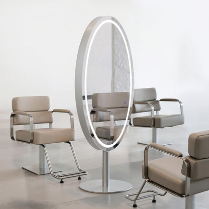 BarberPub Miroir de Sol Éclairé, Miroir Pleine Longueur en Acier Inoxydable, Grand Double Miroir sur Socle, Interrupteur Tactile, 3 Couleurs de Lumière Dimmables, pour Salon de Coiffure, 60x60x192 cm, J8363 (Argent)