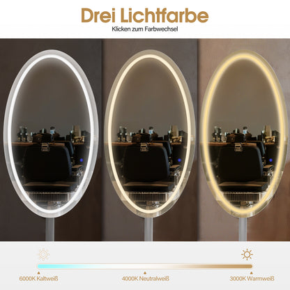 BarberPub Miroir de Sol Éclairé, Miroir Pleine Longueur en Acier Inoxydable, Grand Double Miroir sur Socle, Interrupteur Tactile, 3 Couleurs de Lumière Dimmables, pour Salon de Coiffure, 60x60x192 cm, J8363 (Argent)