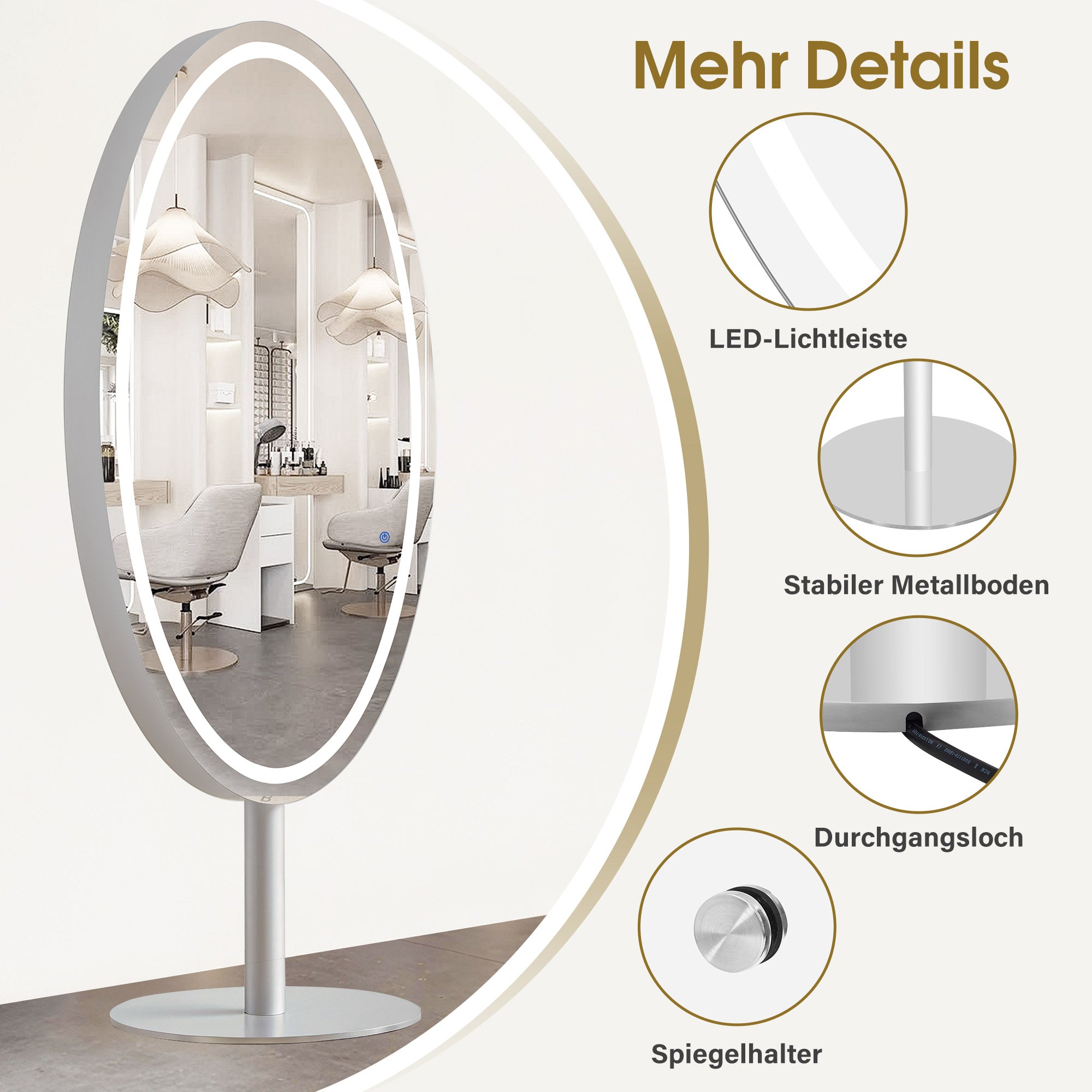 BarberPub Miroir de Sol Éclairé, Miroir Pleine Longueur en Acier Inoxydable, Grand Double Miroir sur Socle, Interrupteur Tactile, 3 Couleurs de Lumière Dimmables, pour Salon de Coiffure, 60x60x192 cm, J8363 (Argent)
