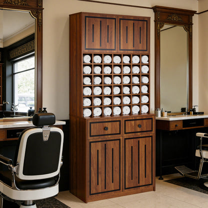 BarberPub Towel Cabinet with 2 Drawers, 42 Open Compartments & 4 Cabinets, Bathroom Cabinet Black, Tall Storage Cabinet Wood for Barbershop, Beauty Salon R6194/R6179