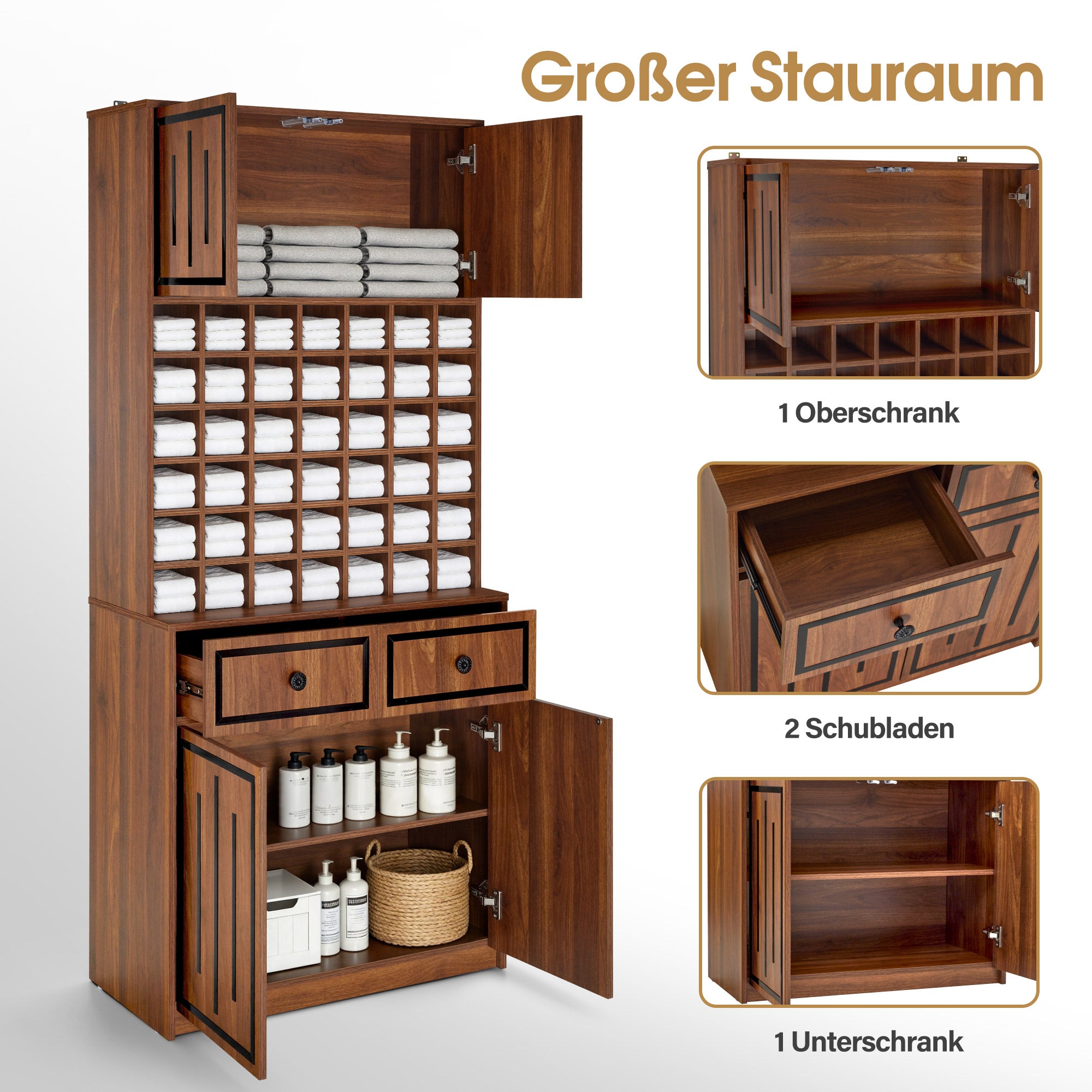 BarberPub Towel Cabinet with 2 Drawers, 42 Open Compartments & 4 Cabinets, Bathroom Cabinet Black, Tall Storage Cabinet Wood for Barbershop, Beauty Salon R6194/R6179