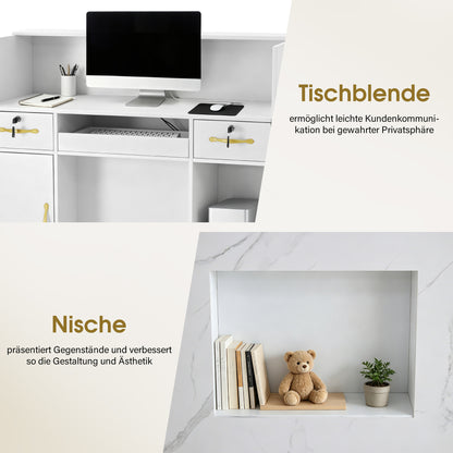 BarberPub Empfangstheke mit 3 Schubladen & 2 Schränken, Empfangstisch  mit Beleuchtung, Empfangstresen Abschließbar, Rezeptionstheke Kassentheke für Friseursalon, 53x120x110,5 cm, R9750 (Weiß)