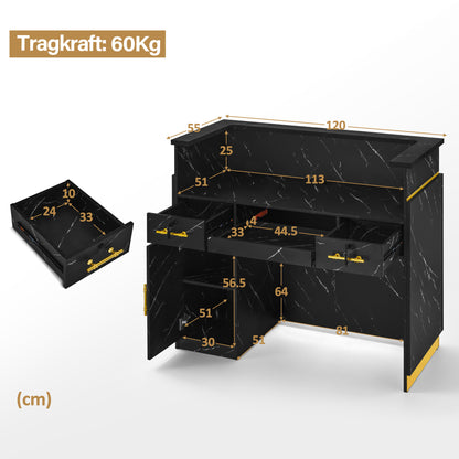 BarberPub Empfangstheke mit 3 Schubladen & 1 Schrank, Empfangstisch mit Beleuchtung, Empfangstresen Abschließbar, Rezeptionstheke Kassentheke für Friseursalon, 55x120x107 cm, R9759