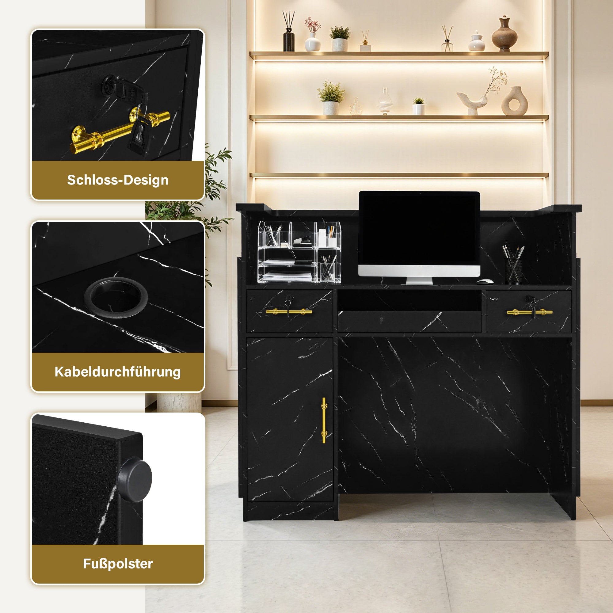 BarberPub Empfangstheke mit 3 Schubladen & 1 Schrank, Empfangstisch mit Beleuchtung, Empfangstresen Abschließbar, Rezeptionstheke Kassentheke für Friseursalon, 55x120x107 cm, R9759