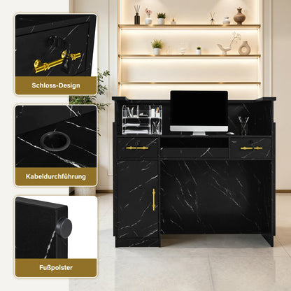 BarberPub Empfangstheke mit 3 Schubladen & 1 Schrank, Empfangstisch mit Beleuchtung, Empfangstresen Abschließbar, Rezeptionstheke Kassentheke für Friseursalon, 55x120x107 cm, R9759
