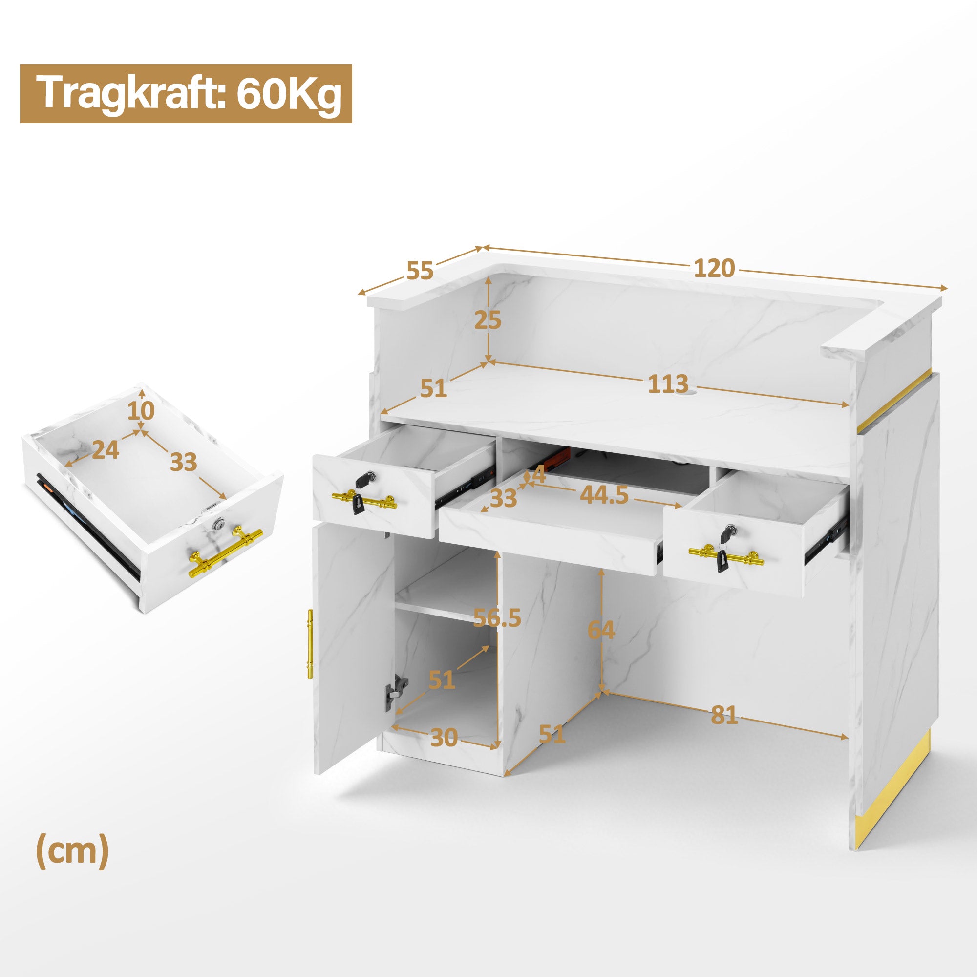 BarberPub Empfangstheke mit 3 Schubladen & 1 Schrank, Empfangstisch mit Beleuchtung, Empfangstresen Abschließbar, Rezeptionstheke Kassentheke für Friseursalon, 55x120x107 cm, R9759