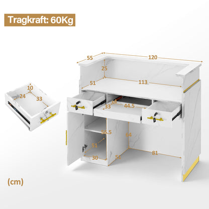 BarberPub Empfangstheke mit 3 Schubladen & 1 Schrank, Empfangstisch mit Beleuchtung, Empfangstresen Abschließbar, Rezeptionstheke Kassentheke für Friseursalon, 55x120x107 cm, R9759