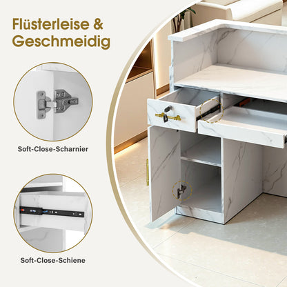BarberPub Empfangstheke mit 3 Schubladen & 1 Schrank, Empfangstisch mit Beleuchtung, Empfangstresen Abschließbar, Rezeptionstheke Kassentheke für Friseursalon, 55x120x107 cm, R9759