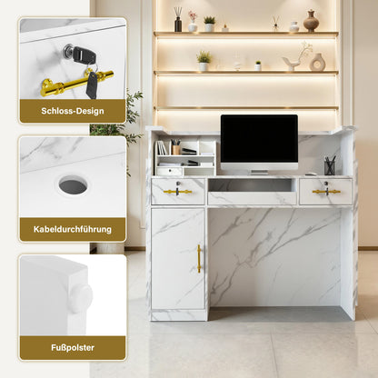 BarberPub Empfangstheke mit 3 Schubladen & 1 Schrank, Empfangstisch mit Beleuchtung, Empfangstresen Abschließbar, Rezeptionstheke Kassentheke für Friseursalon, 55x120x107 cm, R9759