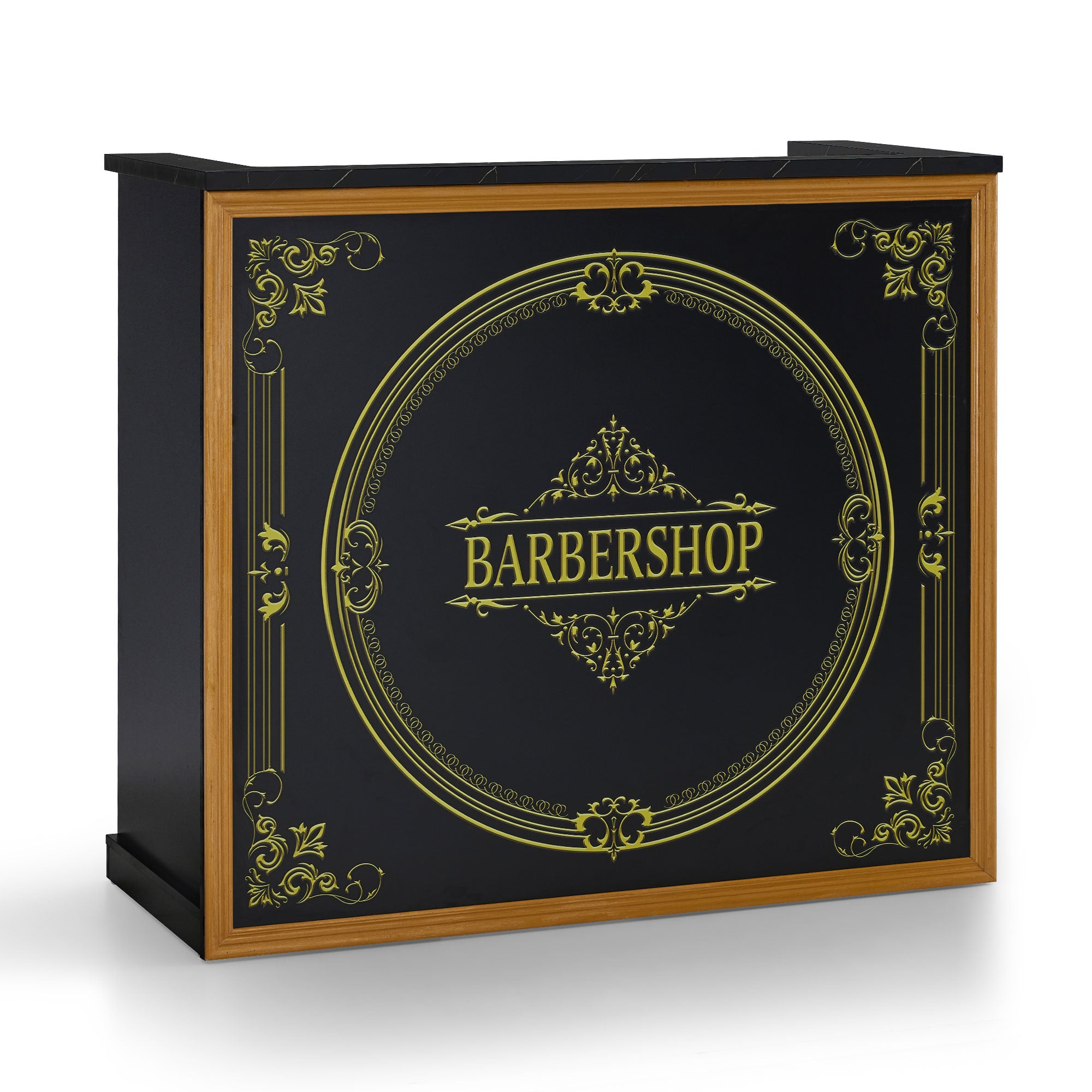 BarberPub Empfangstheke mit 2 Schubladen & 3 Schränken, Empfangstisch Abschließbar, Empfangstresen Holz, Rezeptionstisch Rezeptionstheke Kassentheke für Friseursalon, 53x120x110cm, R9773(Schwarz-Gold)