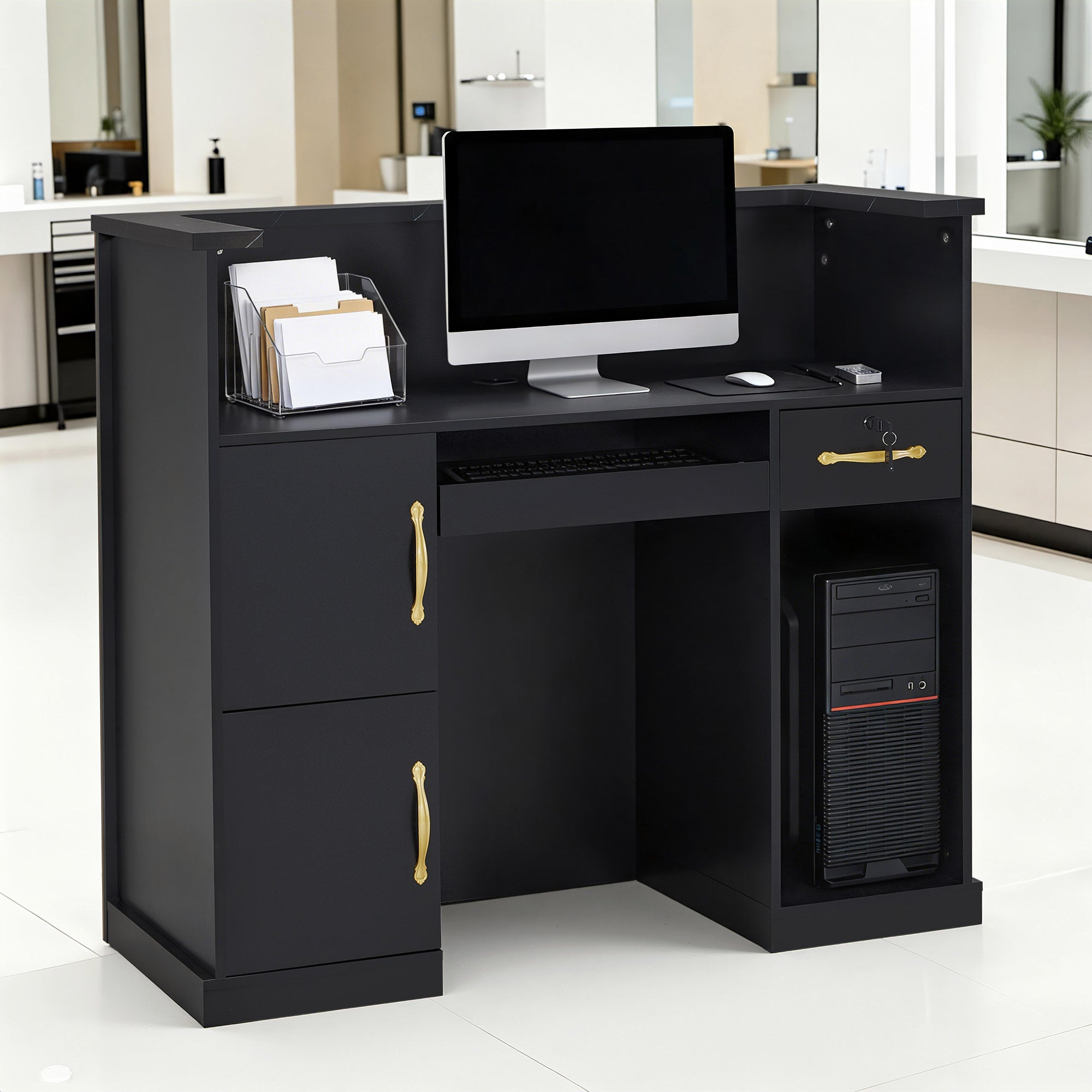 BarberPub Empfangstheke mit 2 Schubladen & 3 Schränken, Empfangstisch Abschließbar, Empfangstresen Holz, Rezeptionstisch Rezeptionstheke Kassentheke für Friseursalon, 53x120x110cm, R9773(Schwarz-Gold)